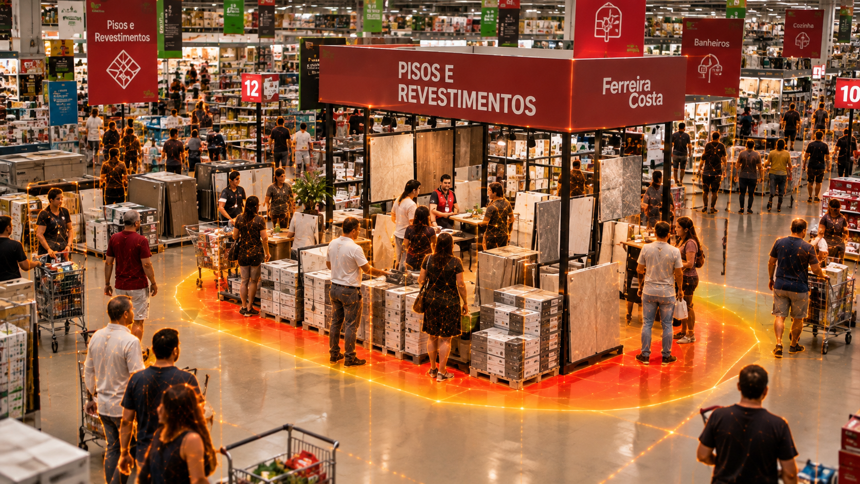 Ilha promocional de pisos e revestimentos com clientes observando os produtos