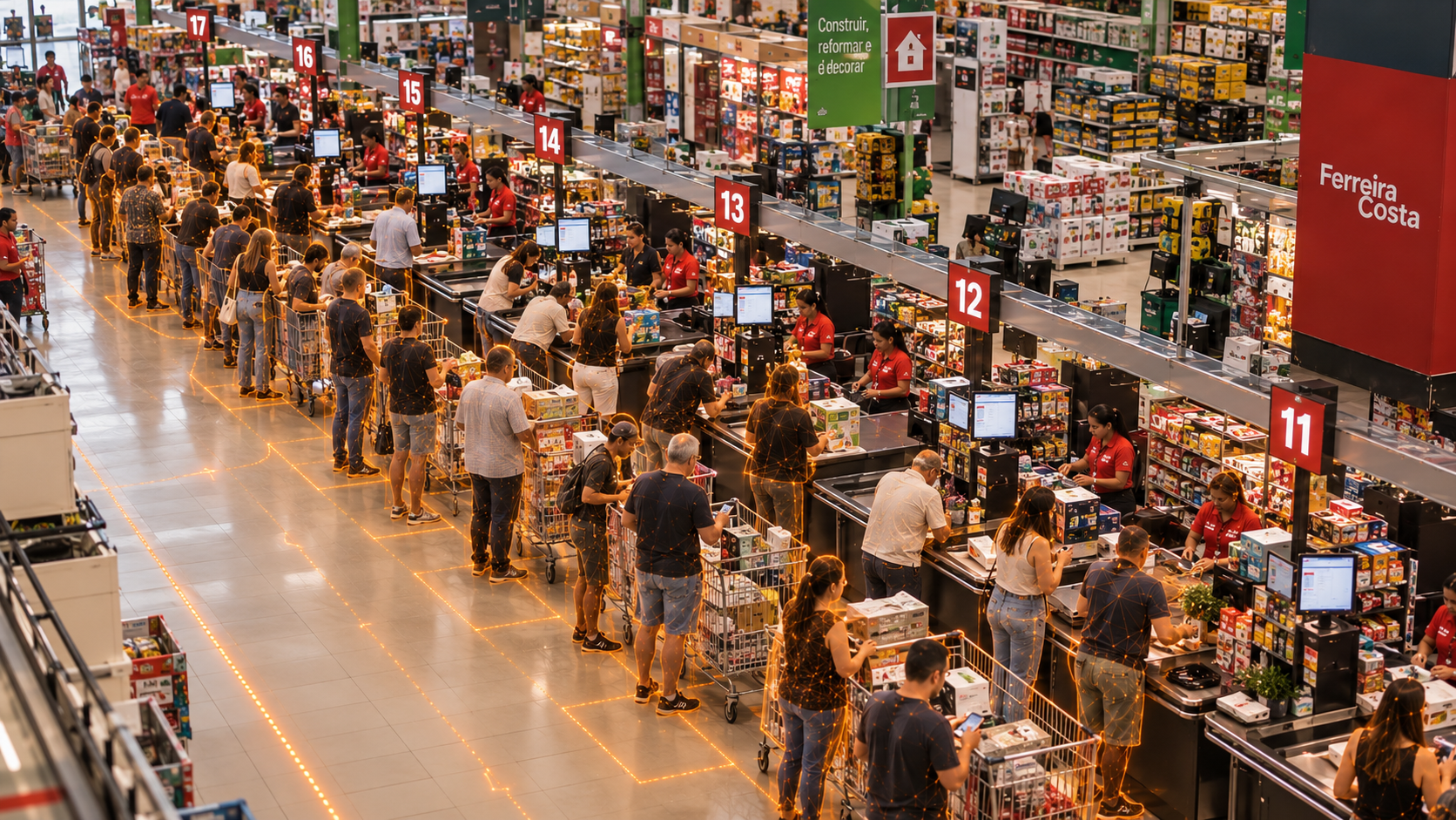 Frente de caixas da loja com filas identificadas pela visão computacional